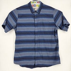 Travis Mathew Shirt Mens XXL Button Up Short Sleeve Golf Performance Blue Stripe